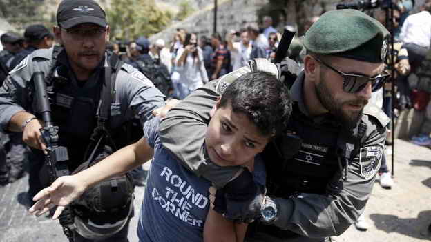 Israeli border guards detain a Palestinian child during a demonstration outside Al-Aqsa m