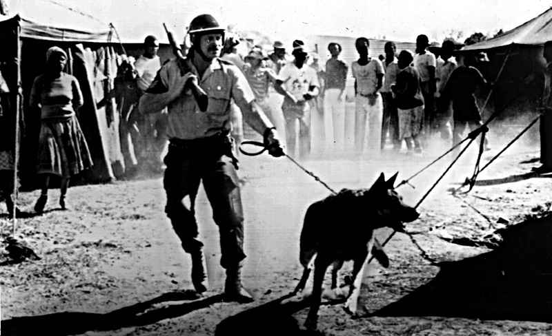 South Africa police with a dog chasing natives